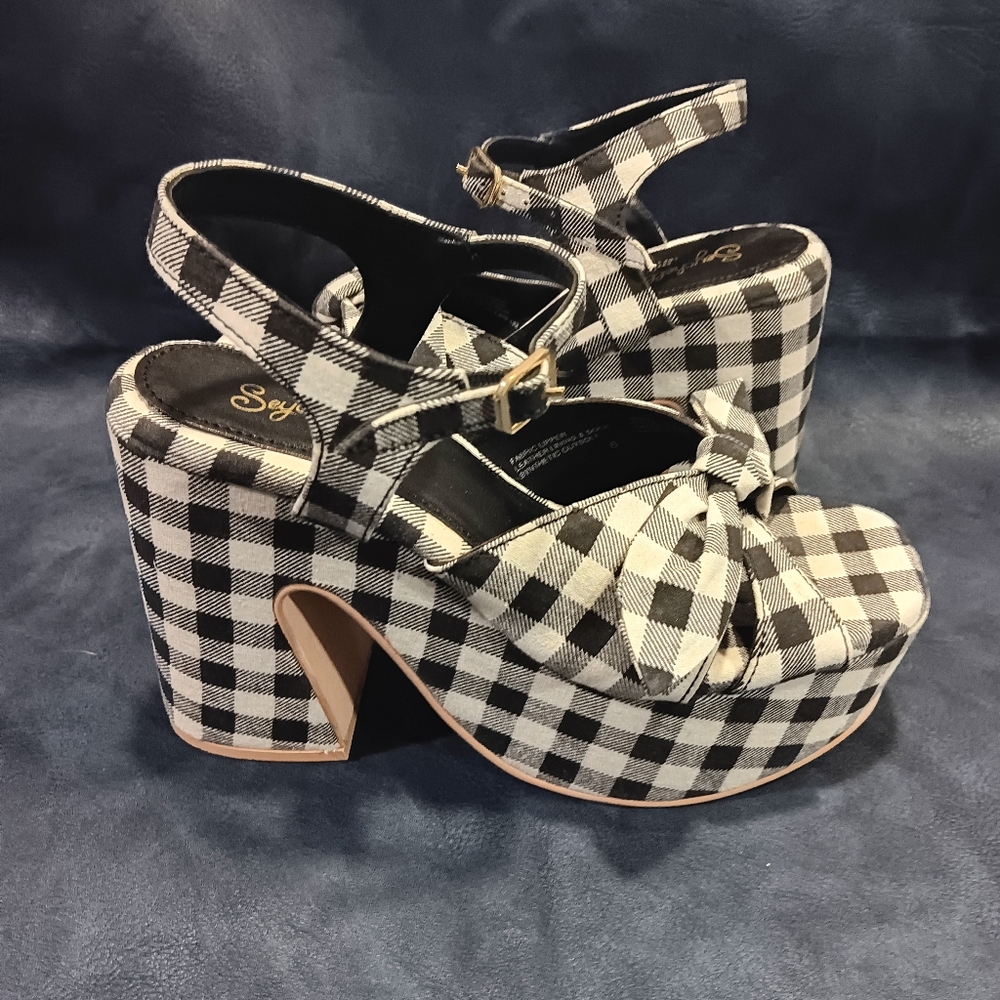 Seychelles Black and White Gingham New American Platform Sandals Front Bow - Picture 3 of 6